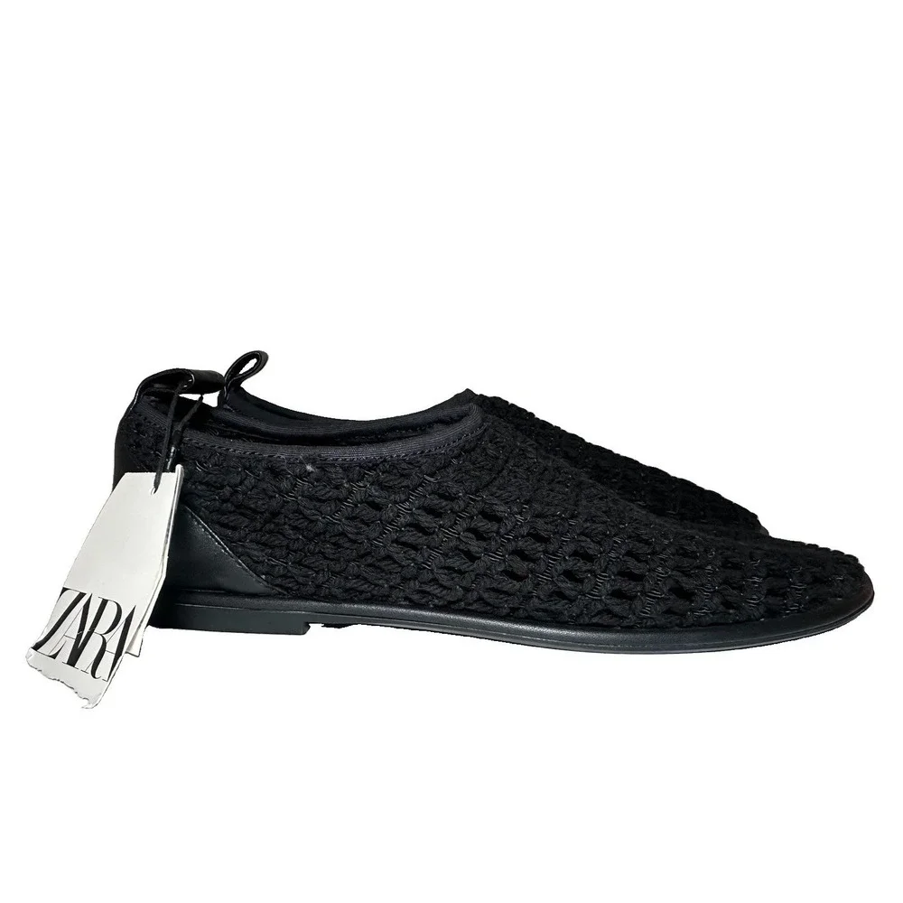 Zara NWT Women's 9 Black Knit Crochet Ballet Flats Woven Shoes Slip On Trendy